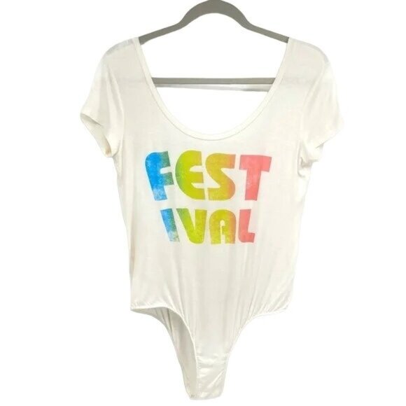PROJECT SOCIAL T Womens‎ Bodysuit SZ L Festival Rainbow Letters White Drop Back - Picture 1 of 8